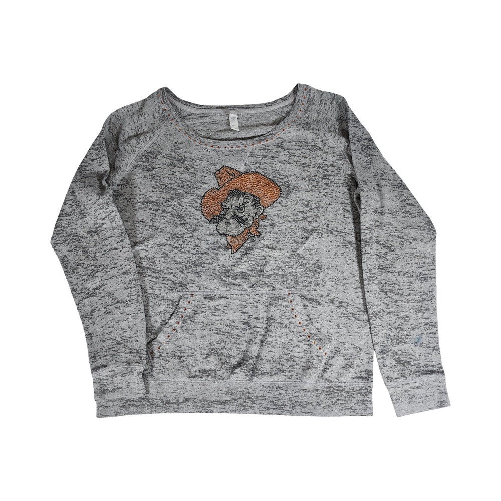 Enza Oklahoma State Cowboys Pistol Pete Rhinestone Burnout Sweatshirt Gray Large